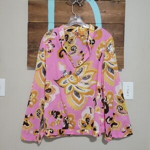 Tory Burch Floral Pink Sequence Long Sleeve Tunic Top Cover Up Lightweight Large